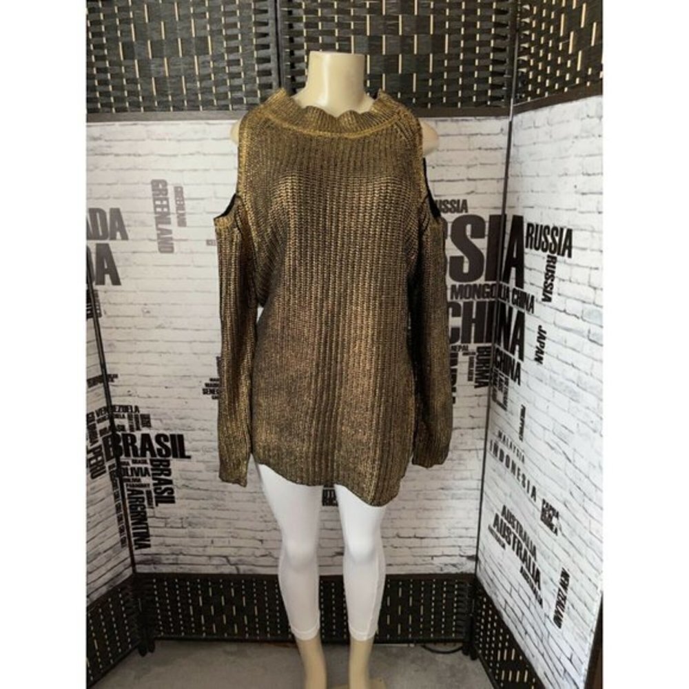 Roaman's Plus 22/24 Gold Metallic Mock Neck Cold Shoulder Long Sleeve Sweater
